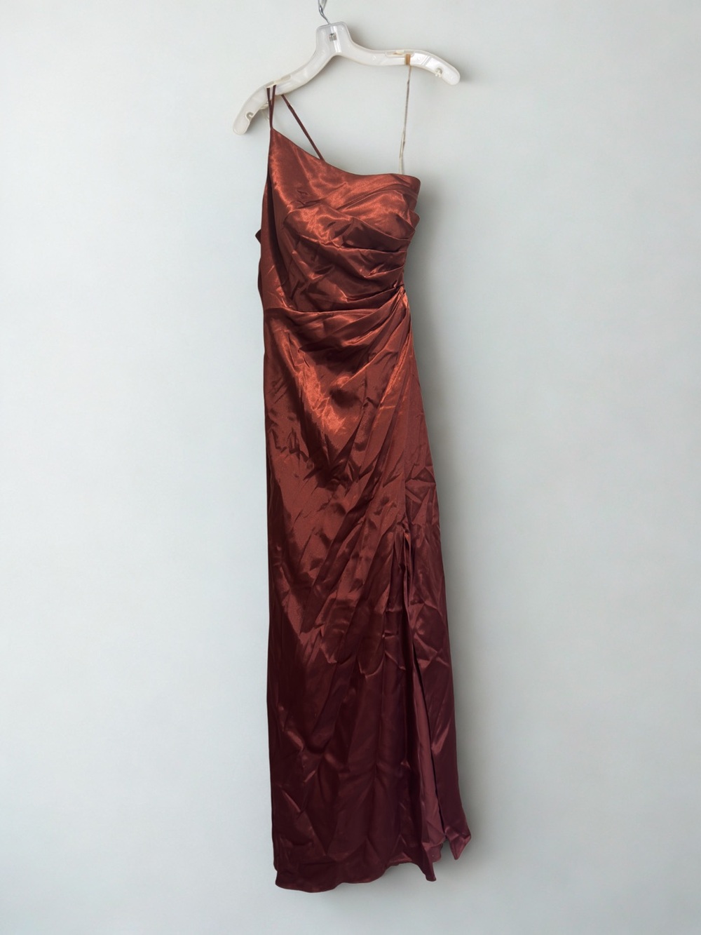 Asymmetrical Satin Maxi Dress in Copper Rust